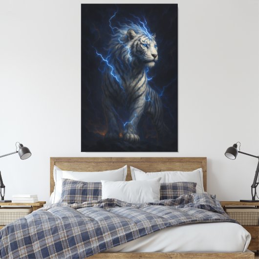 Lightning White Tiger – Electric Storm Fantasy Art Canvas Afdruk (Insitu (Slaapkamer))