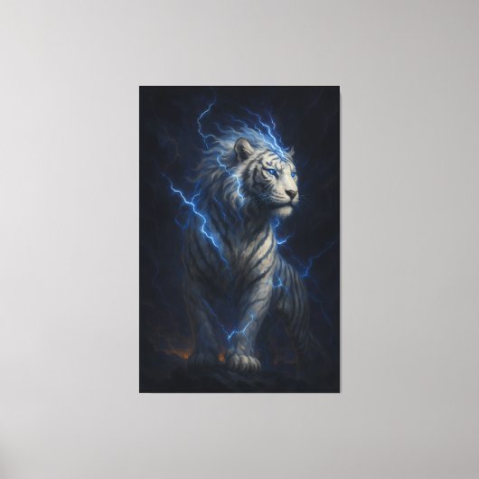 Lightning White Tiger – Electric Storm Fantasy Art Canvas Afdruk (Voorkant)