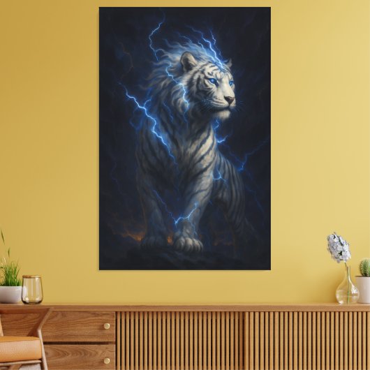 Lightning White Tiger – Electric Storm Fantasy Art Canvas Afdruk (Insitu (Woonkamer))