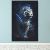Lightning White Tiger – Electric Storm Fantasy Art Canvas Afdruk (Insitu (Houten vloer))