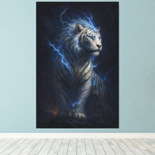Lightning White Tiger – Electric Storm Fantasy Art Canvas Afdruk (Insitu (Houten vloer))