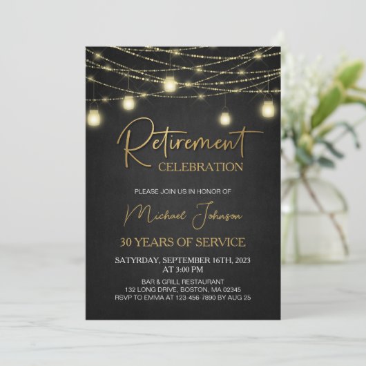 Lights and Gold Elegant Script Retirement Party Kaart (Staand voorkant)