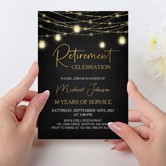 Lights and Gold Elegant Script Retirement Party Kaart