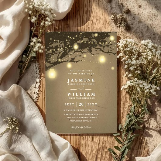 Lights on oak tree Rustic Elegant QR Code Wedding Kaart