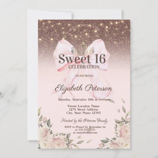 Lights, Pink Bow Flowers Glitter Sweet 16 Kaart (Voorkant)