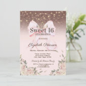 Lights, Pink Bow Flowers Glitter Sweet 16 Kaart (Staand voorkant)