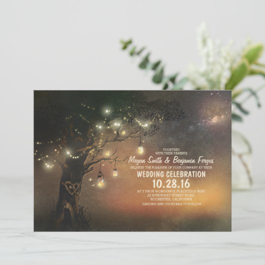 Lights Tree & Mason Jars rustieke bruiloft uitnodi Kaart (Staand voorkant)