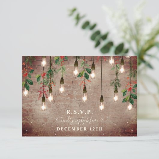  Lights Winter Brick Christmas Wedding RSVP Kaartje (Staand voorkant)