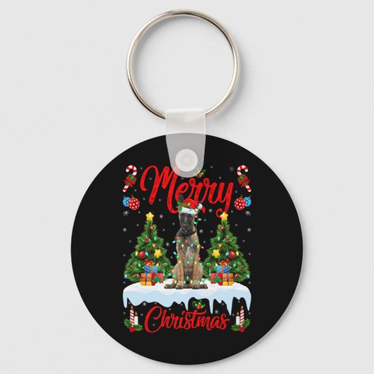 Lights Xmas Tree Santa Belgian Malinois Dog Christ Sleutelhanger (Voorkant)