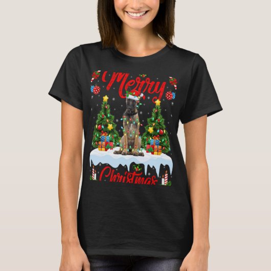 Lights Xmas Tree Santa Belgian Malinois Dog Christ T-shirt (Voorkant)