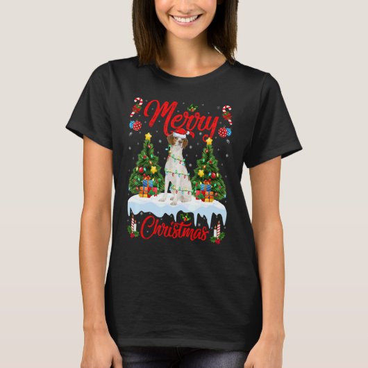 Lights Xmas Tree Santa Brittany Spaniel Dog Christ T-shirt (Voorkant)