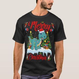 Lights Xmas Tree Santa Brontosaurus Dinosaur Chris T-shirt