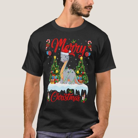 Lights Xmas Tree Santa Diplodocus Dinosaur Christm T-shirt (Voorkant)