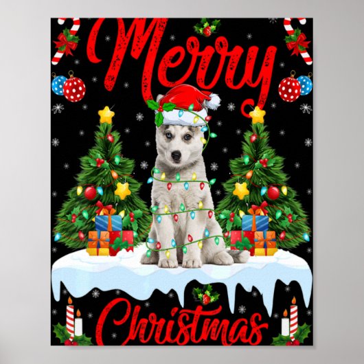 Lights Xmas Tree Santa Siberian Husky Dog Christma Poster (Voorkant)