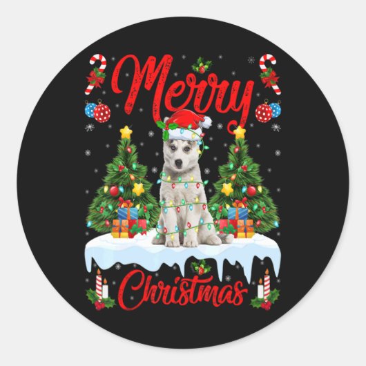 Lights Xmas Tree Santa Siberian Husky Dog Christma Ronde Sticker (Voorkant)