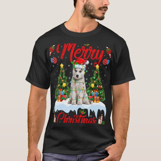 Lights Xmas Tree Santa Siberian Husky Dog Christma T-shirt (Voorkant)