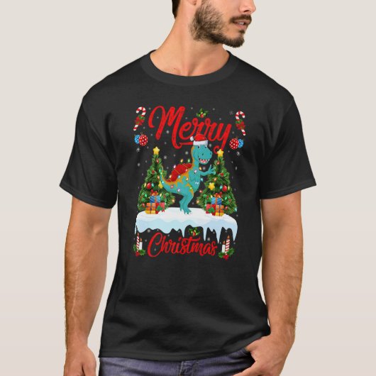 Lights Xmas Tree Santa Spinosaurus Dinosaur Christ T-shirt (Voorkant)