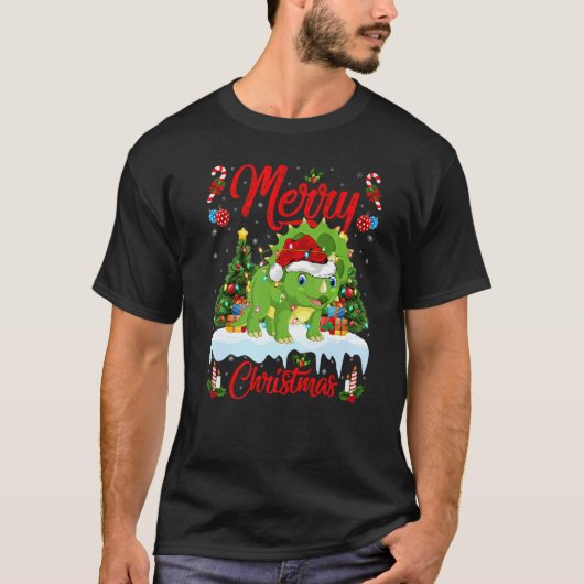 Lights Xmas Tree Santa Triceratops Dinosaur Christ T-shirt (Voorkant)