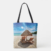 Ligstoelen op strand kussen tote bag (Achterkant)