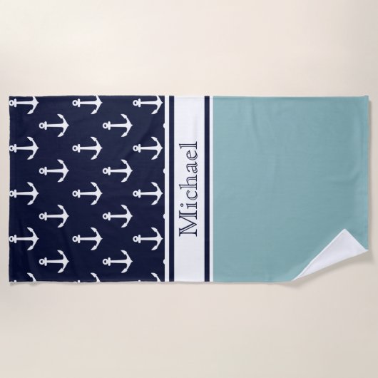 Ligth Navy Blue Anchor Pattern Name Nautical Strandlaken (Voorkant)