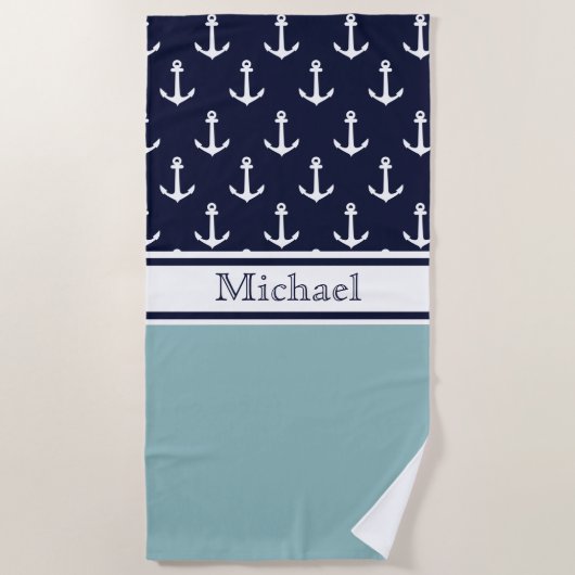 Ligth Navy Blue Anchor Pattern Name Nautical Strandlaken (Voorkant)