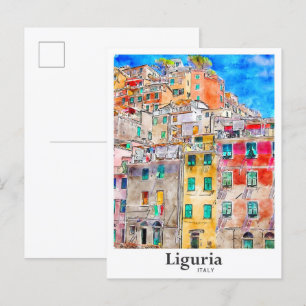 Ligurië Italië Reizen Waterverf Hand getekend Briefkaart