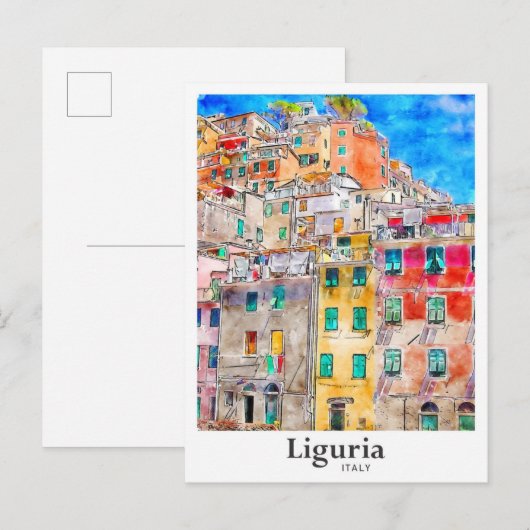Ligurië Italië Reizen Waterverf Hand getekend Briefkaart (Voorkant / Achterkant)
