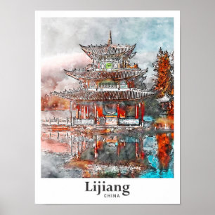 Lijiang China Travel Waterverf Hand getekend Poster