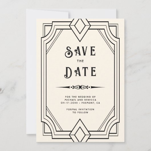 Lijn Art Deco Zwart Crème Trouw Save the Date (Voorkant)