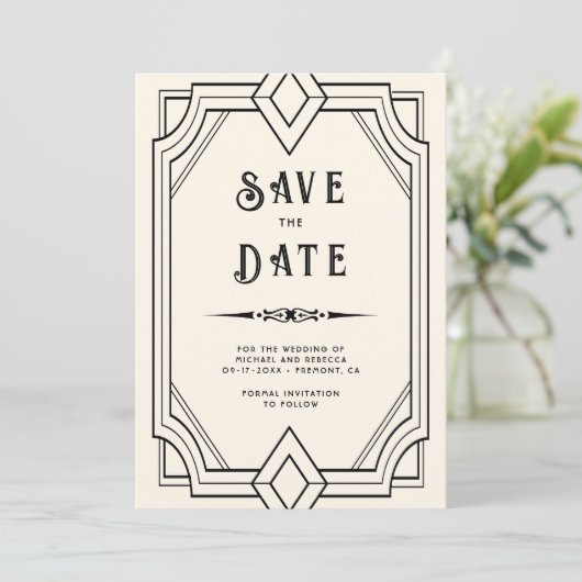 Lijn Art Deco Zwart Crème Trouw Save the Date (Staand voorkant)