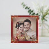 Lijn bloemenpaar Chinese bruiloft foto rood Bedankkaart (Staand voorkant)