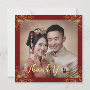 Lijn bloemig paar Chinese huwelijksfoto rood Bedankkaart
