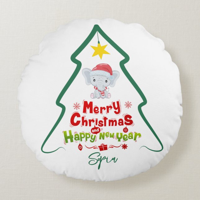 Lijn Boom Kerstmis en Gelukkig Nieuwjaar Olifant Rond Kussen (Voorkant)