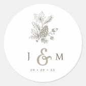 Lijn getrokken Pinecone & eikels Monogram Fall Wed Ronde Sticker (Voorkant)