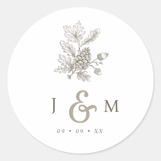 Lijn getrokken Pinecone & eikels Monogram Fall Wed Ronde Sticker (Voorkant)