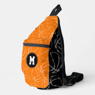 lijn kunst basketbal op zwarte oranje kleur blokke sling bag