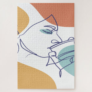 lijn kunst poster van vrouw die koffie drinkt legpuzzel