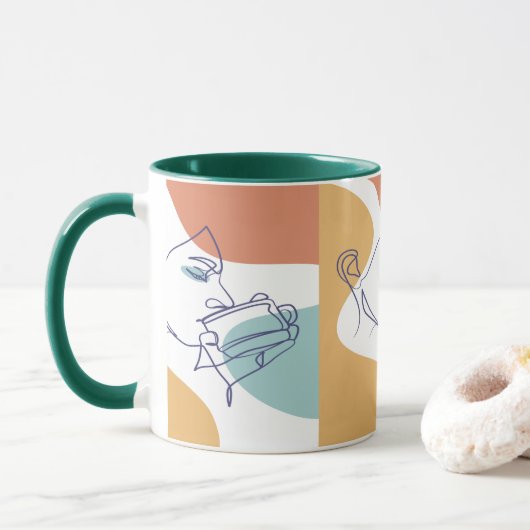 lijn kunst poster van vrouw die koffie drinkt mok (Met donut)