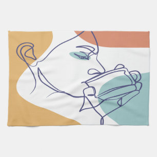 lijn kunst poster van vrouw die koffie drinkt theedoek