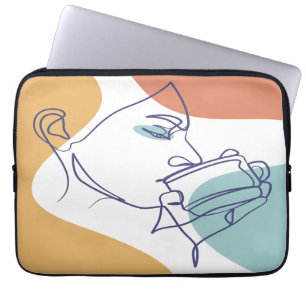 lijn kunst tekening poster van vrouw die koffie dr laptop sleeve