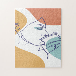 lijn kunst tekening poster van vrouw die koffie dr legpuzzel