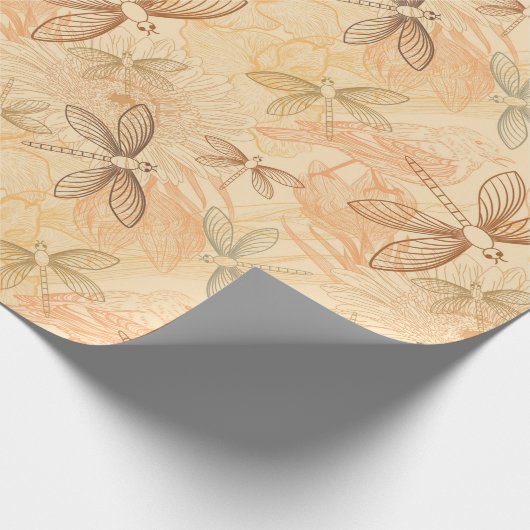 Lijnboomlibellen bloemen perzikpatroon cadeaupapier (Hoek)