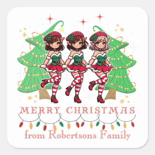 Lijndansen Sassy Elves rond de kerstboom Vierkante Sticker (Voorkant)
