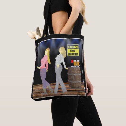 Lijndanserende vrouwen met waarschuwing tote bag (Dichtbij)