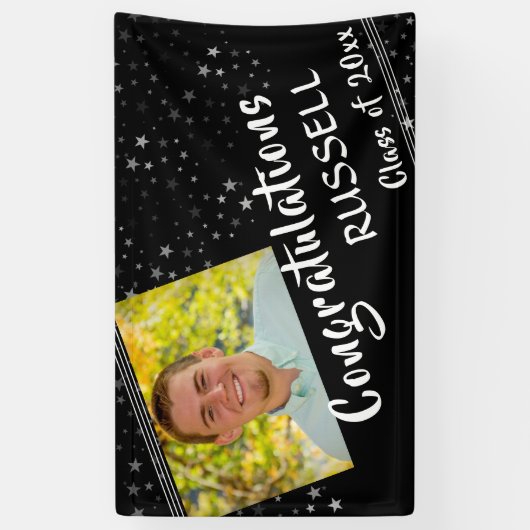 Lijnen & Sterren | Bewerkbaar zwart | Foto Afstude Spandoek (Verticaal)