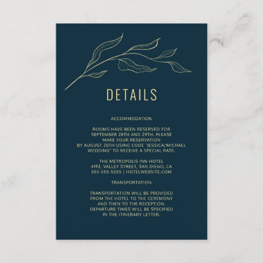 Lijnkunst Bladeren Diepblauw Elegante Trouwdetails Informatiekaartje (Voorkant)
