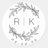 Lijnkunst Botanische Krans Trouw Monogram Ronde Sticker (Voorkant)