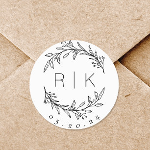 Lijnkunst Botanische Krans Trouw Monogram Ronde Sticker