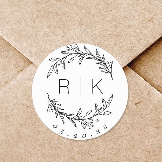 Lijnkunst Botanische Krans Trouw Monogram Ronde Sticker