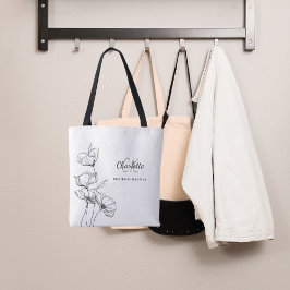 Lijnkunst met wilde bloemen, eenvoudige monogramna tote bag